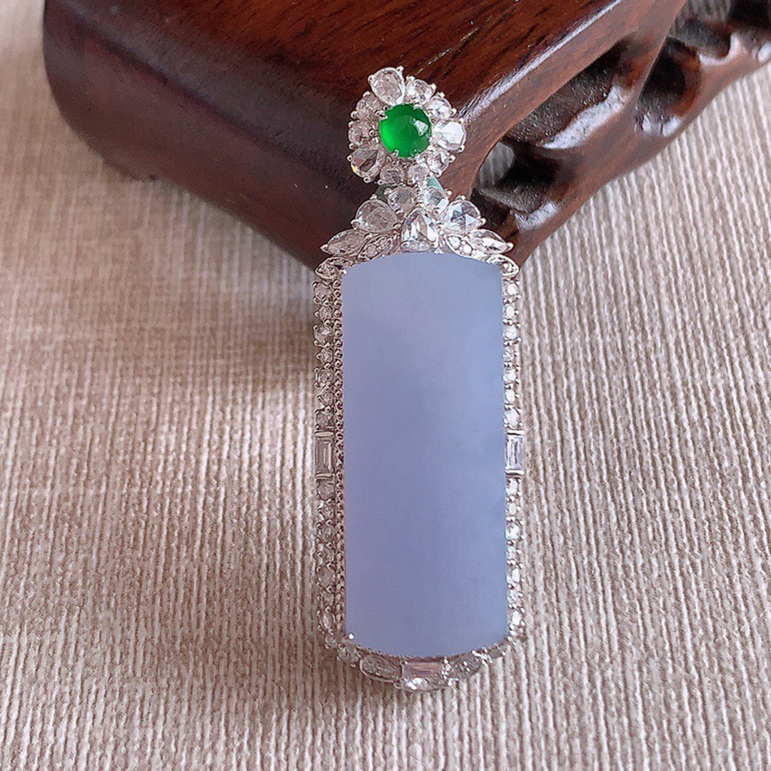 缅甸天然A货玉石翡翠老坑冰种手工精雕18K金伴钻紫罗兰无事牌吊坠