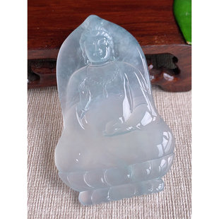 缅甸天然A货玉石翡翠 老坑冰种 手工精雕 白月光观音吊坠