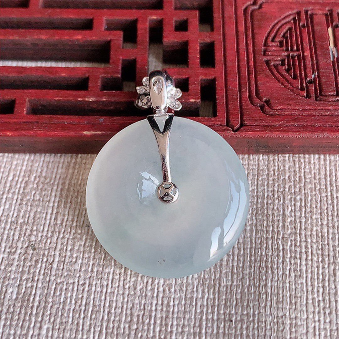 缅甸天然A货玉石翡翠老坑冰种手工精雕18K金伴钻白月光平安扣吊坠