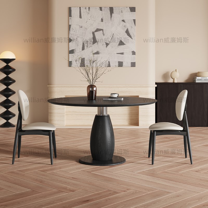 法式复古实木餐桌椅组合简约家用新款胡桃木色侘寂风亮光岩板圆桌