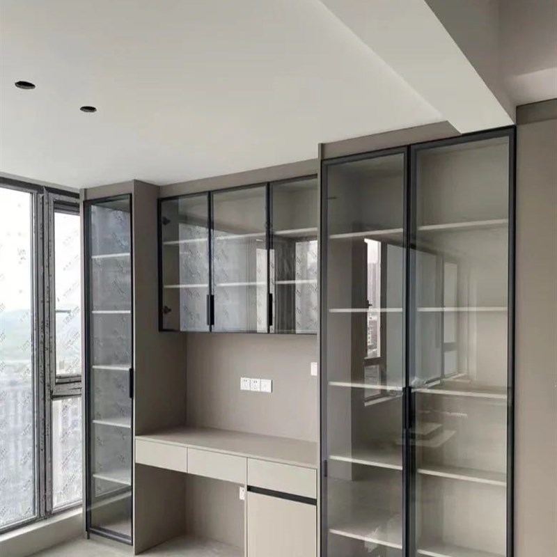 酒柜衣柜书柜极简轻奢铝框钢化玻璃门定制餐边柜衣帽间平开自装门