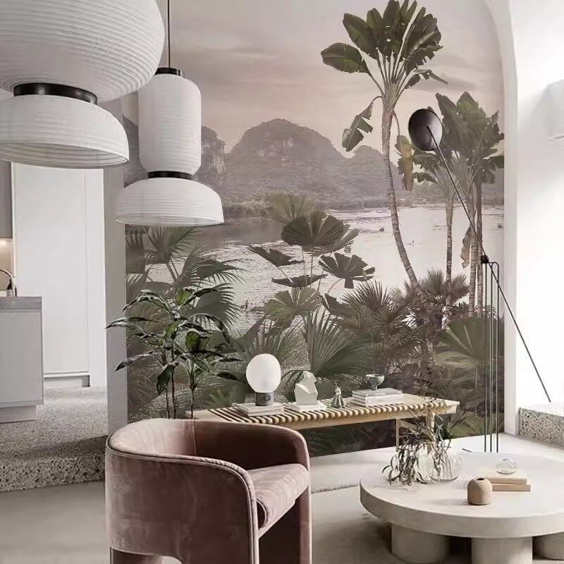 东南亚热带雨林客餐厅壁纸法式复古森林壁画酒店名宿卧室墙壁布纸
