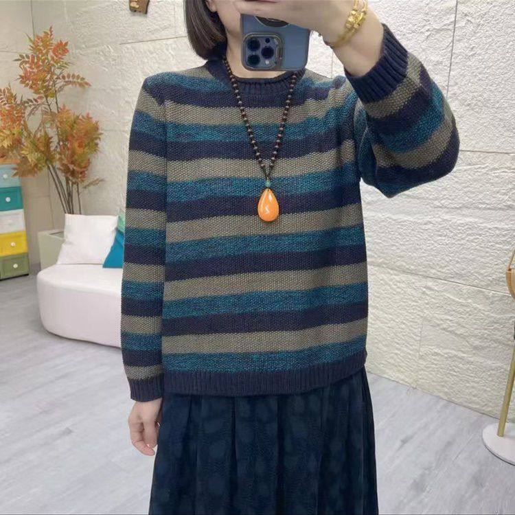 复古条纹圆领高领毛衣新款文艺大码上衣针织衫慵懒宽松打底显瘦女,女装/女士精品,毛针织衫,淘宝优惠券,粉丝福利购,淘宝优惠卷
