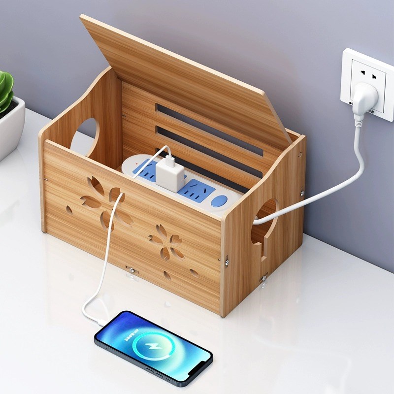 插线板收纳盒家庭电源线插排整理盒桌面电线插座集线盒理线盒木质