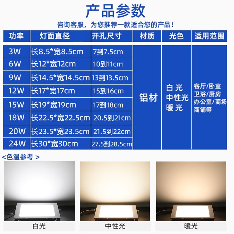 超薄卡扣方形筒灯LED厨卫灯嵌入式厨房卫生间灯吸顶灯过道面板灯