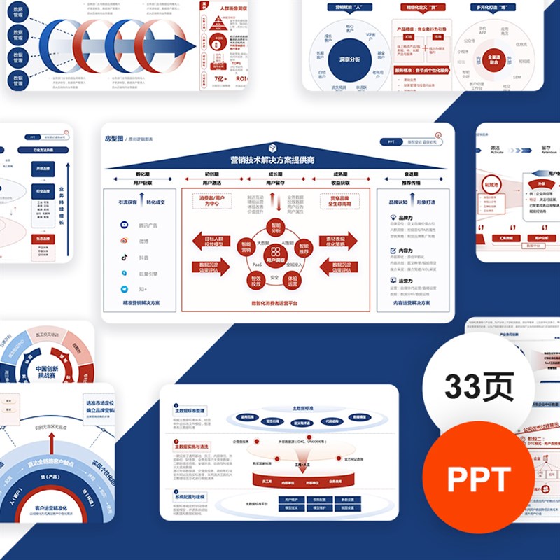 高级感红蓝色流程k时间轴房型图逻辑架构图通用素材PPT模板