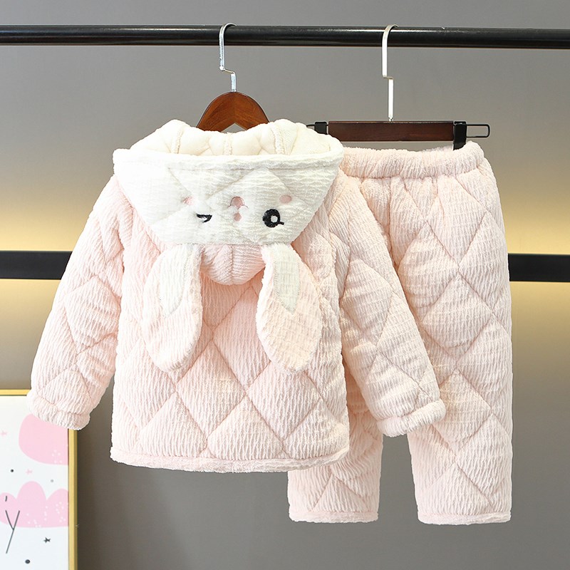 儿童睡衣冬季三h层夹棉珊瑚绒加厚款女童法兰绒女孩2024新款家居