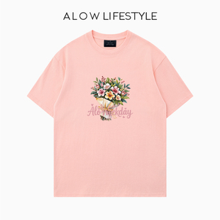 【正品】ALOW LIFESTYLE生活系列 女装手绘鲜花 宽松纯棉短袖t恤