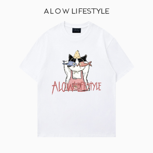 【正品】ALOW LIFESTYLE生活系列 女装手绘卡通 宽松纯棉短袖t恤
