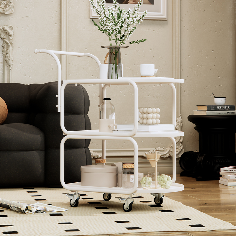 奶白色移动e小推车置物架客厅铁艺多层带轮小桌子家用沙发旁小边