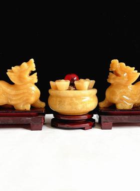 黄玉貔貅摆件一对天然玉石聚宝盆套装客厅酒柜办公室装饰品新中式