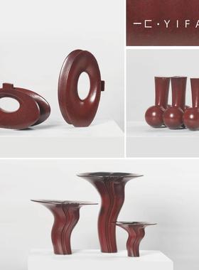 一匚 新中式创意几何体复古红陶瓷插花器 客厅酒店家居茶室装饰品