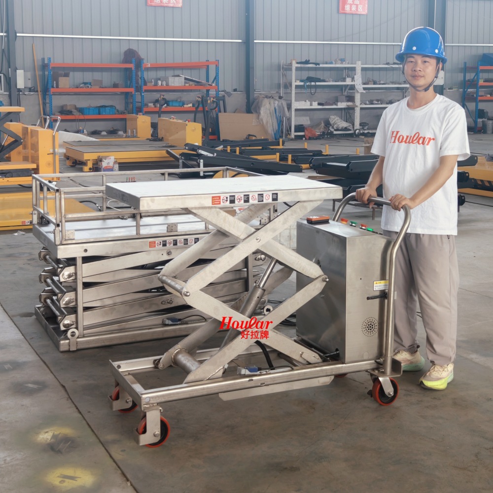 hoular好拉SUS304全不锈钢电动平板升降车液压升高手推搬运平台车