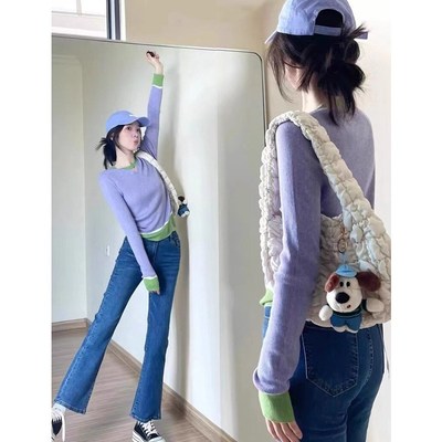 多巴胺韩系穿搭紫色长袖打底衫女秋冬F洋气时尚设计感修身针织毛