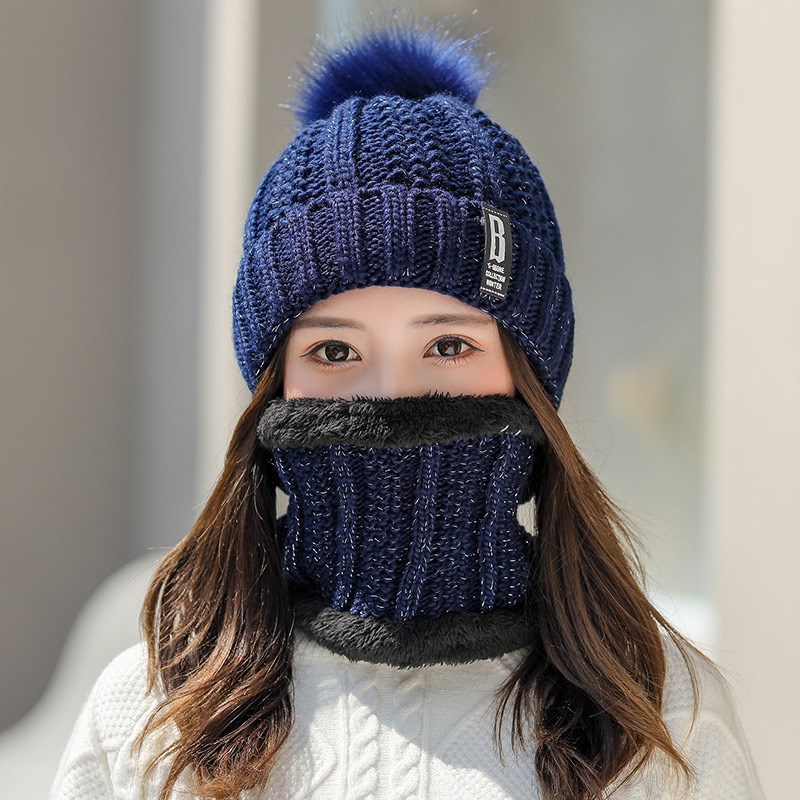 冬天帽子女围脖套装加绒加厚户外C骑车保暖新款毛线帽百搭针织帽