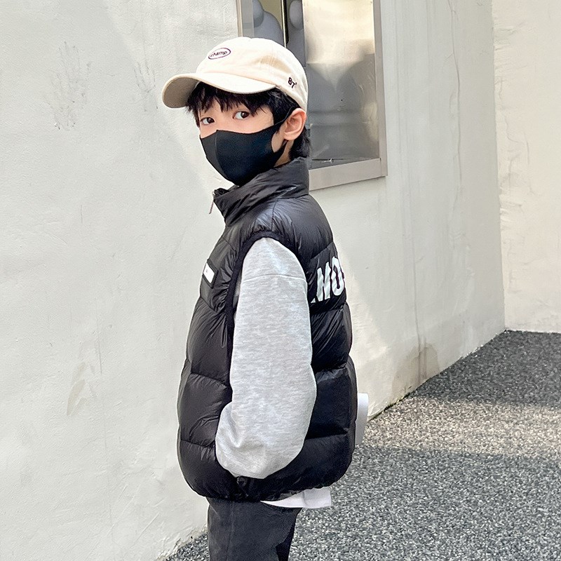 儿童羽绒马甲男童2024新款冬韩版中F大童女童字母背心外套一件代