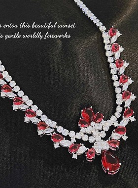 豪华镶钻高端重工奢o华长款套链 欧美鸽血红宝石宴会订婚新娘项链