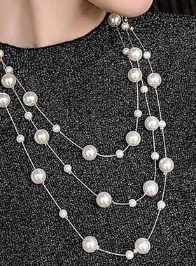 多层珍珠c项链2024年新款潮长款毛衣链轻奢小众设计感高级感秋冬
