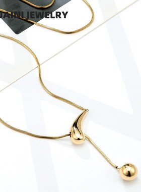 创意拉绳水滴圆球项链钛钢电镀18K金高级感毛衣链U女简约吊坠