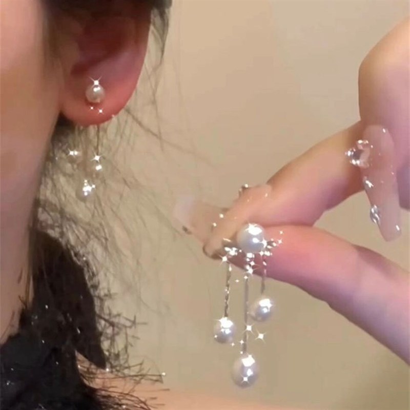 赫本风流苏珍珠耳钉女vintage法式小众设计温柔甜U美百搭耳坠耳夹