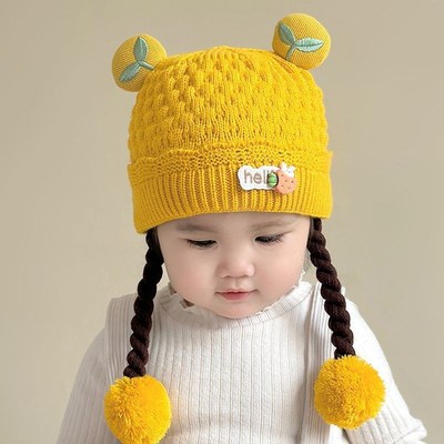 婴儿帽子冬季宝宝加厚保暖t帽可爱小辫子假发帽冬季护耳毛线套头
