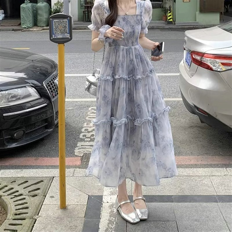 温柔风茶歇法式桔梗长n裙2024夏季气质仙女超仙收腰方领碎花连衣