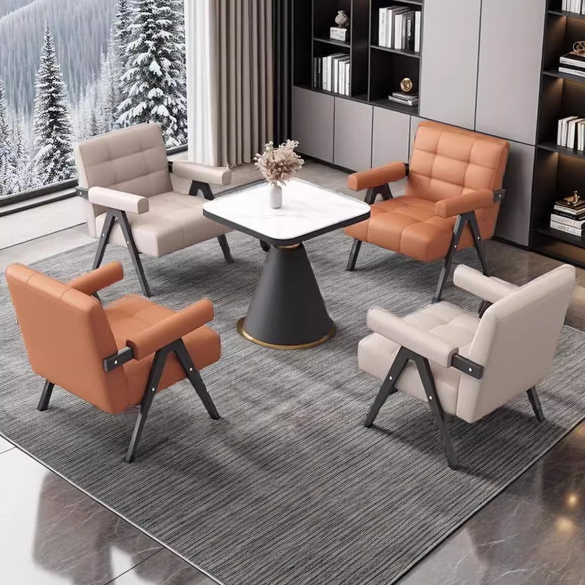 北欧轻奢网红洽谈会客椅接待商务酒店桌椅组合简约皮艺单人沙发椅