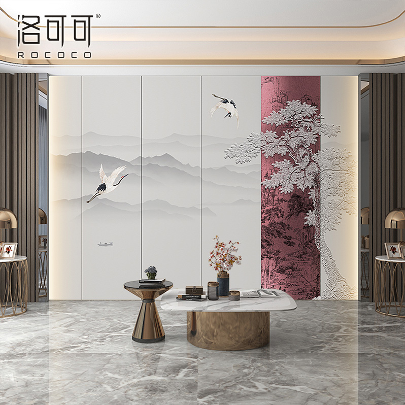 山水壁布新中式电视背景墙壁x纸客厅沙发影视墙纸卧室墙布仙鹤壁