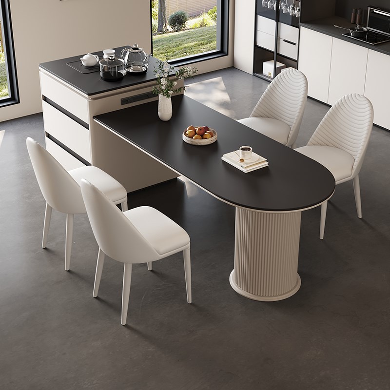 奶油风黑色岩板岛台餐q桌一体多功能家用可伸缩小户型餐桌椅组合