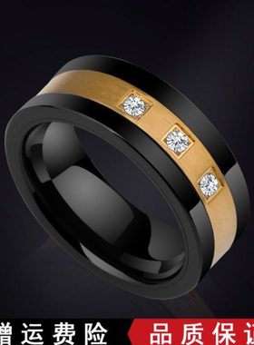 轻奢高档戒指男金色锆石时尚潮食指单身宽版霸气可刻字古风指环男
