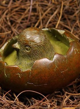 纯铜手工仿古实心紫铜茶宠小物件 金蛋 小鸡破壳而出 茶道小摆件