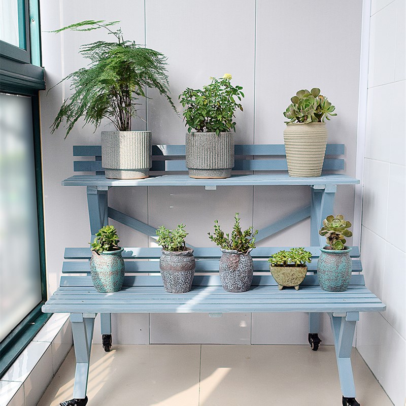 阶梯式阳台实木花架带轮可移动大花盆架带L护栏防水防腐室外盆景