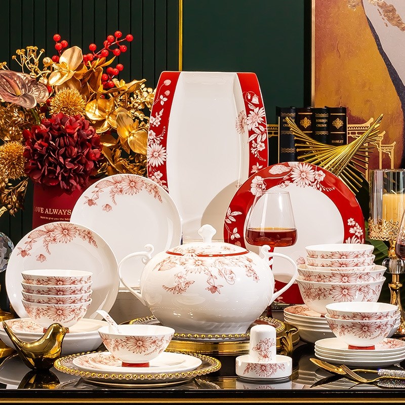 喜庆碗碟红碗盘餐具饭碗盘子结婚送礼中式风大汤煲佳莹报喜套装碗