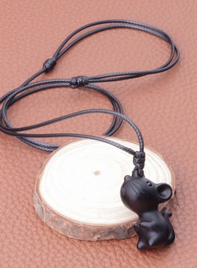 黑檀木立体生肖老鼠项链吊坠毛衣链挂件可调节绳小孩成人礼物配饰