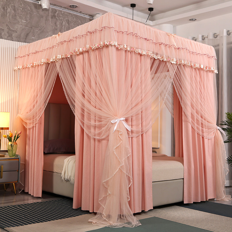 双层纯色床帘蚊帐支架全套新款公主风床幔遮光布帘一体式家用床幔