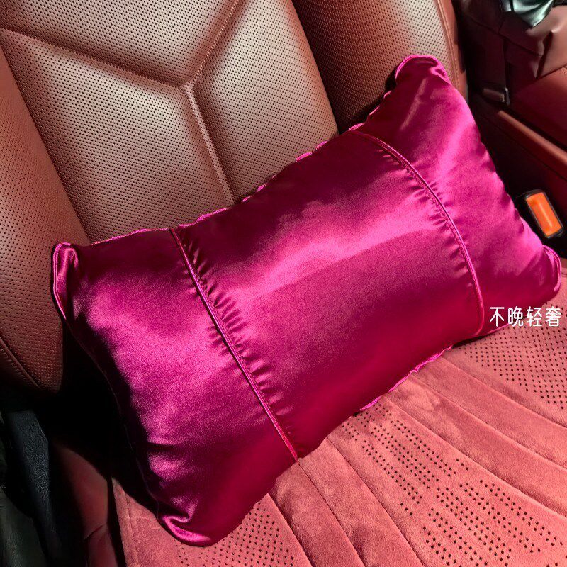 甜菜根紫色飘带蝴蝶结高弹丝缎面汽车头枕高级车载头枕腰靠