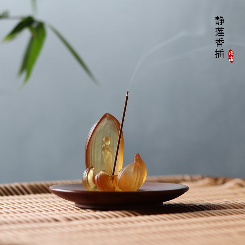 古法琉璃香炉香插莲花p天青色粉色线香插禅意桌面摆件小佛香插香