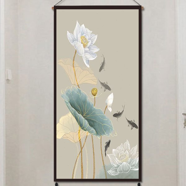 玄关装饰画荷花新中式布艺挂画现代客厅书房挂毯床头壁画竖中国风图片