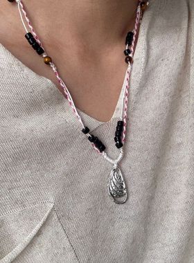 波西米亚风手工串珠粉色编织打结银色贝壳吊坠项链女长款毛衣链