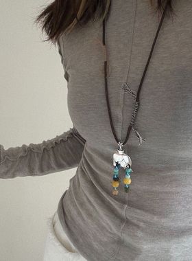 羞涩少女复古民族风撞色串珠抽拉绳项链女设计感秋冬季毛衣链配饰