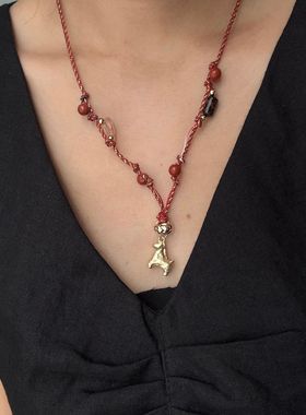 新中式手工制作藏式利马铜古朴酥油灯串珠吊坠项链女可抽拉锁骨链