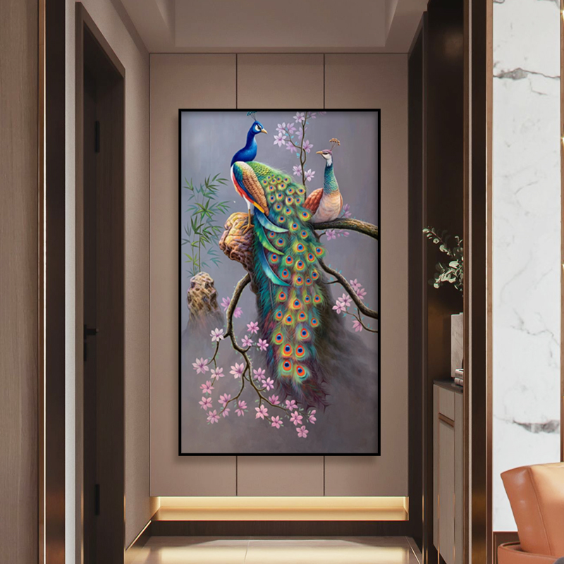 纯手绘玄关油画孔雀装饰画进门入户走廊客厅高端壁画W挂画动物竖图片