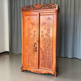香樟木推拉滑移门衣柜卧室2门衣橱L储物柜全樟木雕花收纳柜 新中式