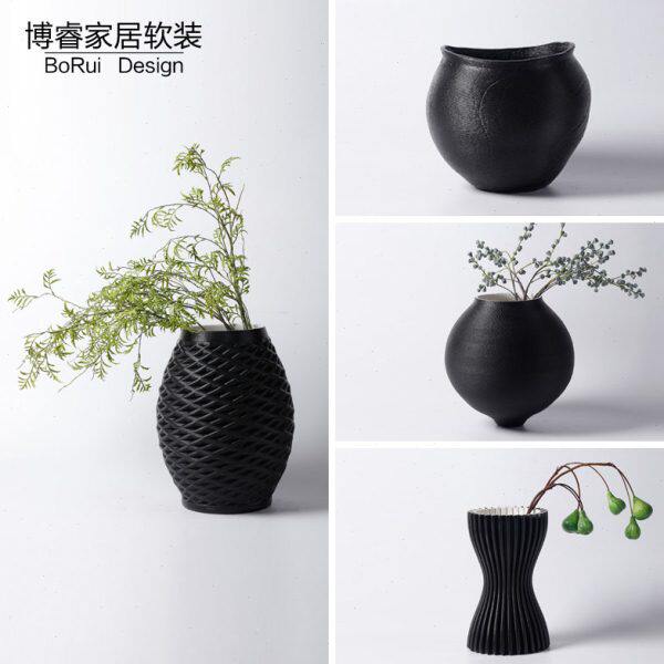 现代简约3D打印陶瓷黑色花瓶摆件样板间客厅玄关干花器装饰品摆设