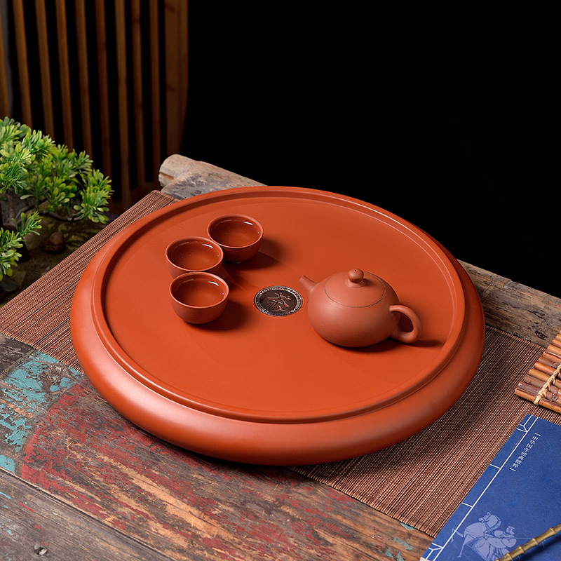 潮州明德园14英寸纯手拉红泥茶盘圆形可排水工夫茶具干泡茶台茶海