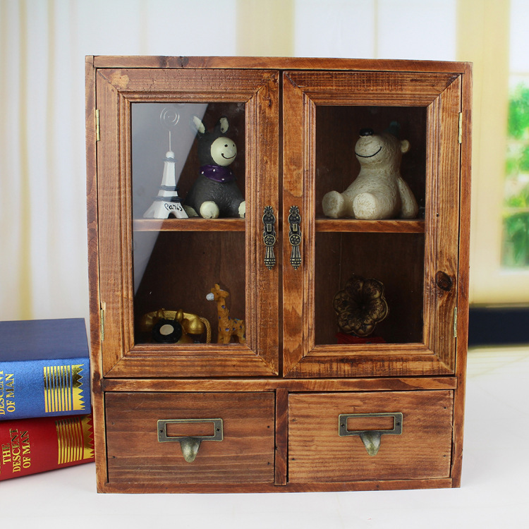 实木做旧家居摆件 双开门大号储物柜 玻璃门带抽屉收纳盒