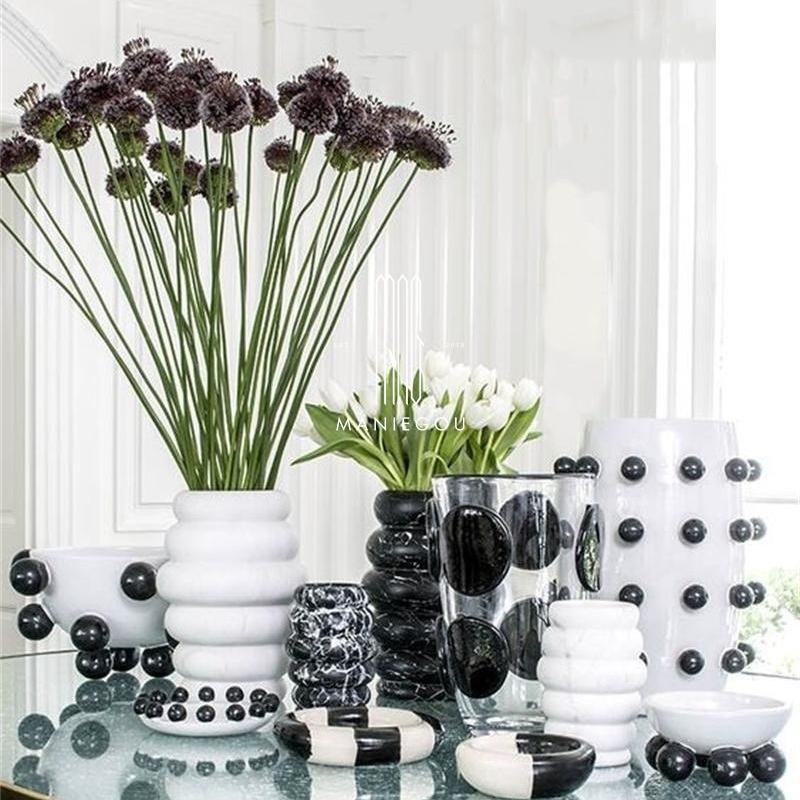 北欧创意艺术大理l石圆形珠点花瓶插花客厅阳台卧室干花摆件装饰