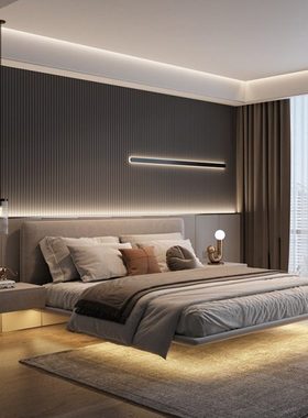 悬浮床意式极简布艺床侘寂风主卧双人床实木悬空床科技布软包床架