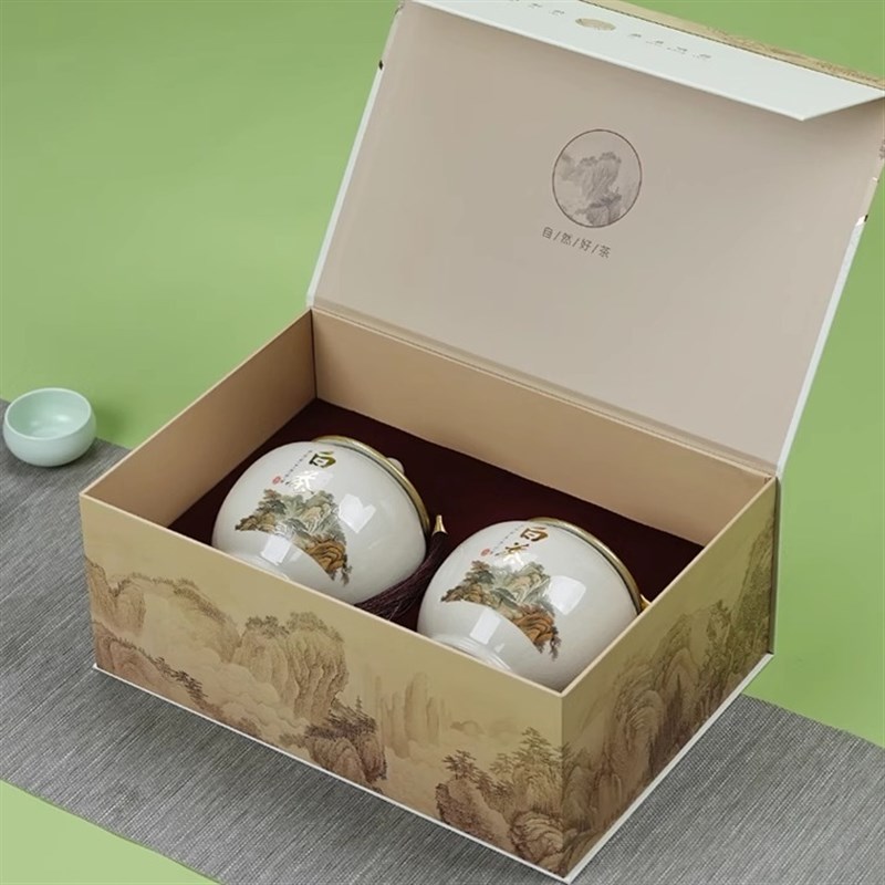 中式国风陶瓷茶叶密封罐礼盒空包装高档安吉白茶茶叶半.斤装空礼