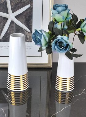 后现代轻奢新古典白色收口金线陶瓷花瓶家居台面软装陈设摆台饰品